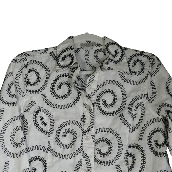 Tweeds Blouse Womens M Black White Embroidered Swirls 100% Linen Button Front - Picture 2 of 13